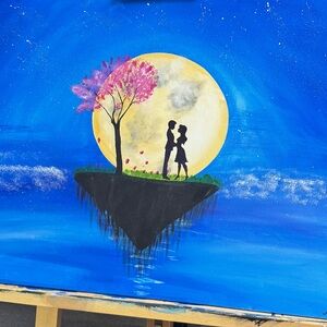 Romantic Moonlit Canvas Art with Pink Tree